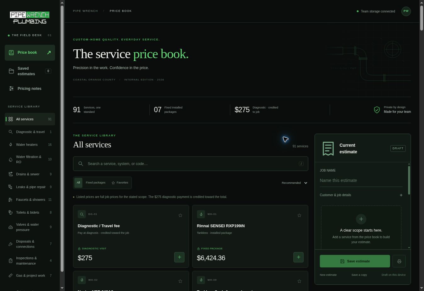 Pipe Wrench Plumbing’s interactive service price book with categories, searchable services, prices, and an estimate panel